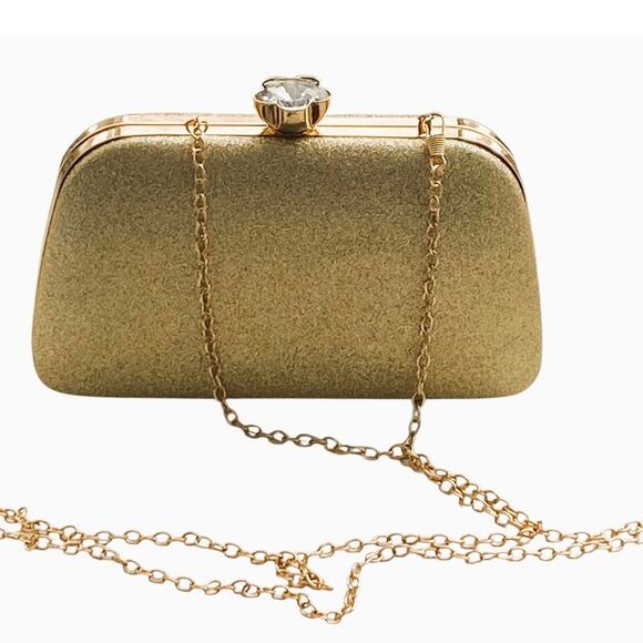 NWT Sparkly Gold Glitter Clutch Crossbody Shoulder Bag Hardshell Evening Purse - Picture 3 of 5